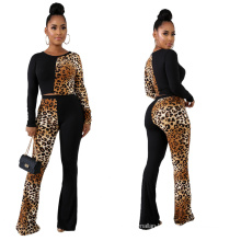 C4035  Fashion long-sleeved leopard print solid color stitching trousers casual large size two piece set